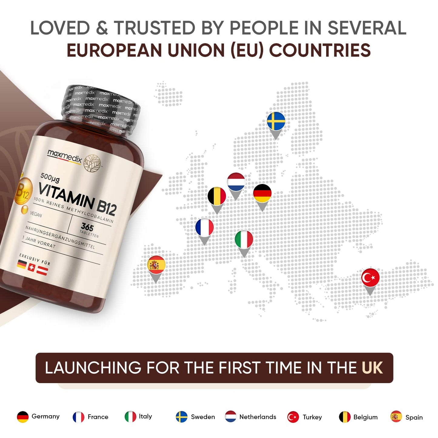 Vitamin B12 Tablets High Strength - 365 Vegan Energy Tablets (1 Year Supply) - Fatigue and Tiredness Supplements - Gluten-Free & Non-GMO Methylcobalamin B12 Supplement for Immunity - Made in The UK