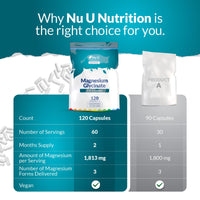 Magnesium Glycinate 3-in-1 Complex 1813mg - 120 Vegan Capsules - Triple High Absorption Bisglycinate, Citrate & Malate - 384mg Elemental Mag per Serving - Made in The UK - Nu U Nutrition