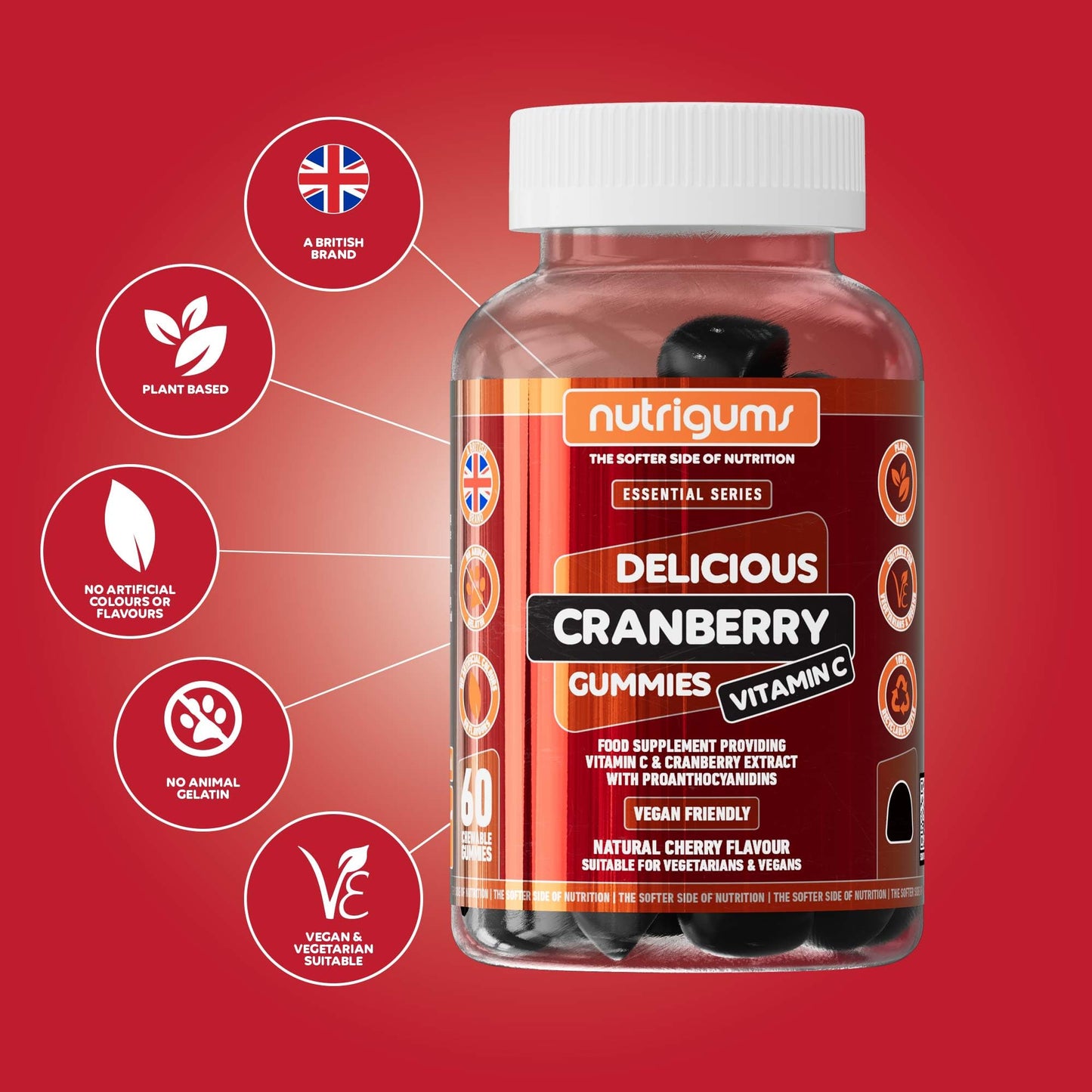Nutrigums Cranberry Gummies 9000mg High Strength Extract | 25% Proanthocyanidins (PACs) | 60 Vegan Cherry Gummies | with Vitamin C 80mg | Antioxidant & Immune Support Supplement | by NUTRIGUMS®