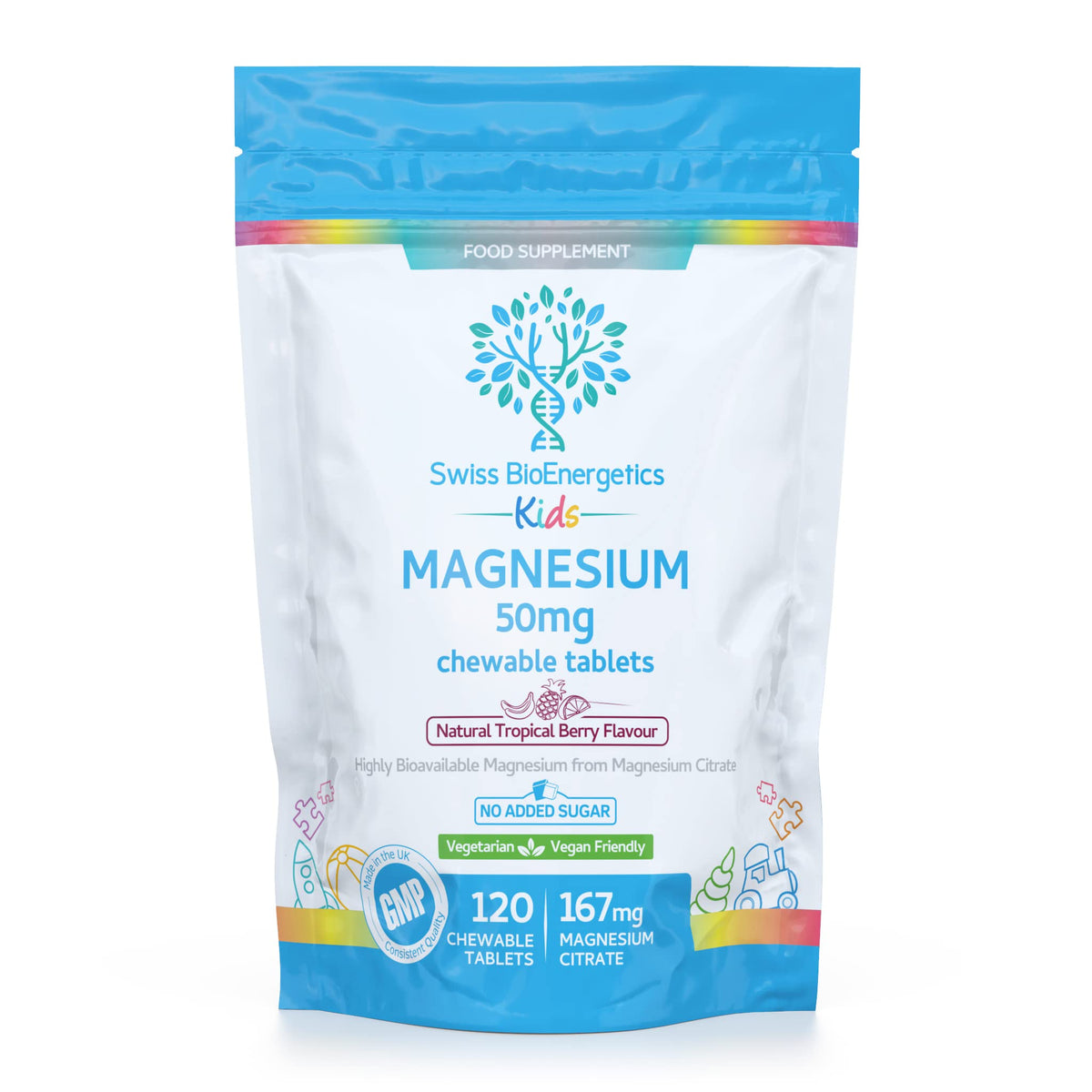 swiss bioenergetics Magnesium Chewable Tablets 50mg – Balanced Dosage for Children from 167mg of Magnesium Citrate – Easily absorbable & Highly bioavailable - Tropical Berry Flavour with no Added Sugar - Vegan & UK Made