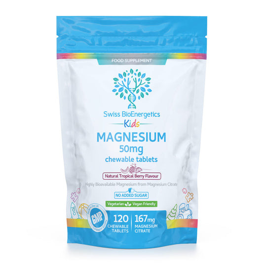 swiss bioenergetics Magnesium Chewable Tablets 50mg – Balanced Dosage for Children from 167mg of Magnesium Citrate – Easily absorbable & Highly bioavailable - Tropical Berry Flavour with no Added Sugar - Vegan & UK Made