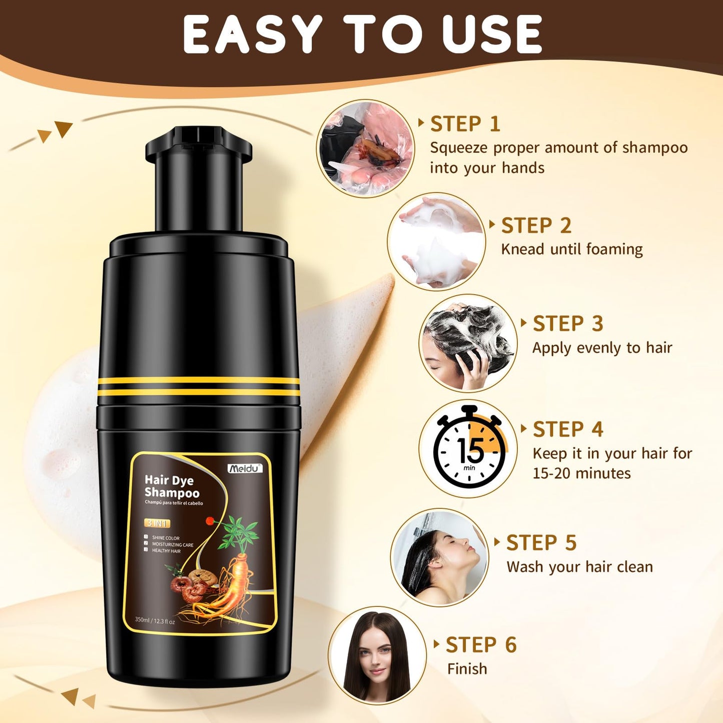 IIIMEIDU Black Hair dye Shampoo 3 in 1, Natural Hair Color Shampoo for Gray Hair, Herbal Hair Dye Shampoo for Women and Men 100% Grey Hair Coverage,350ml (Dark brown)