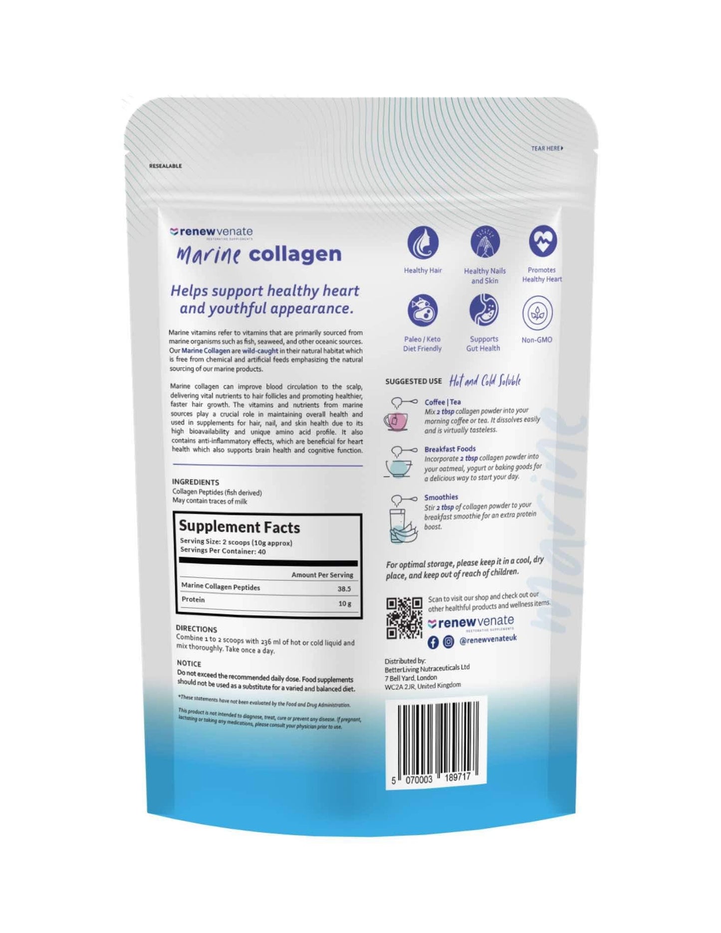 RenewVenate Marine Collagen Powder – Premium Hydrolyzed Peptides for Radiant Skin, Hair, Nails & Joint Health – Non-GMO, Gluten-Free, Keto-Friendly 400g