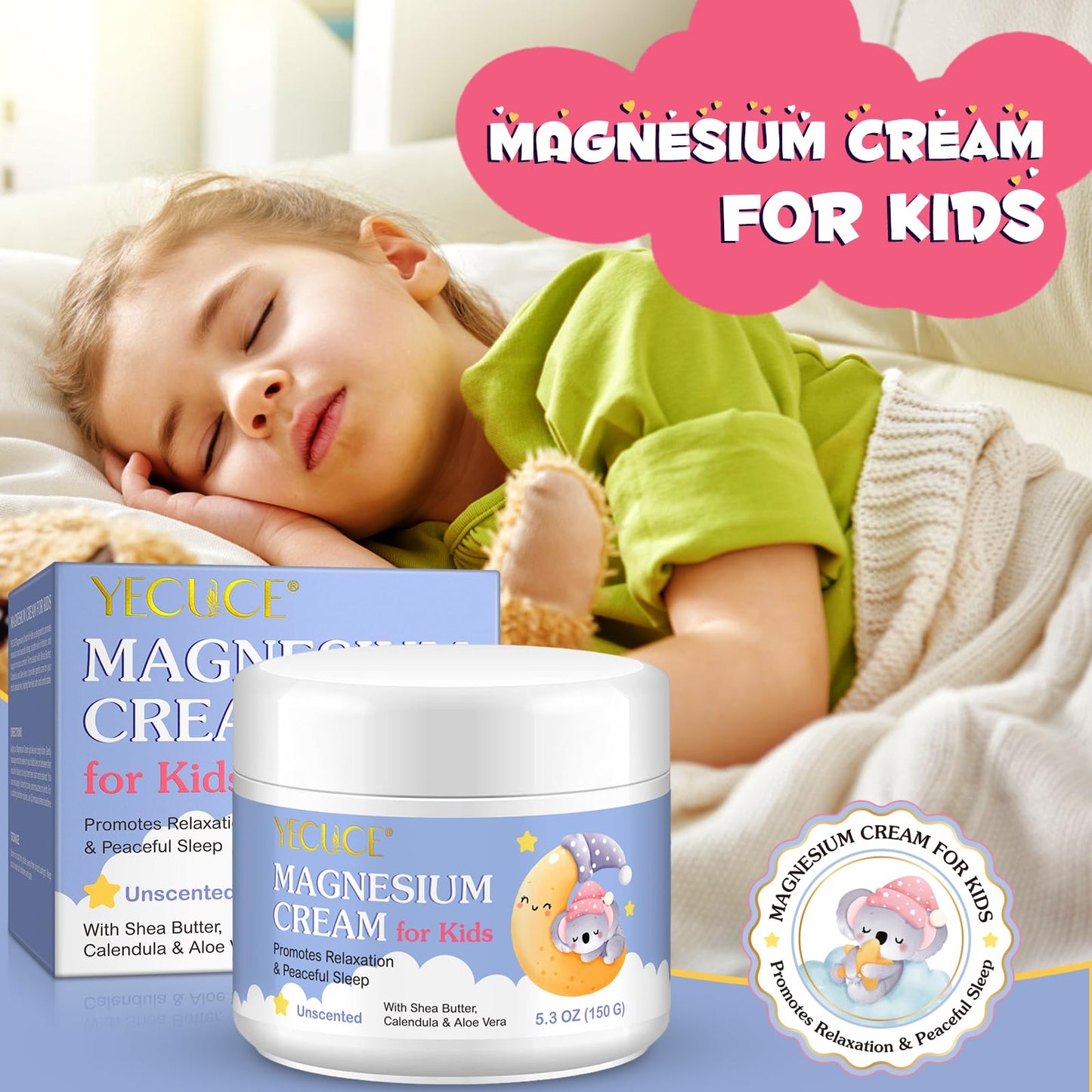 RoongDuuDll Magnesium Cream for Kids, Topical Magnesium Lotion for Sleep, Calm Magnesium Oil Butter Balm with Shea Butter, Aloe Vera, Calendula, Baby Cream for Feet, Stomach, Arms, Legs Relief for Bedtime - 150g