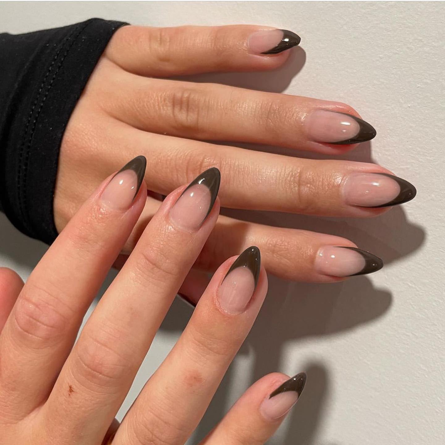 KQueenest 30 Pcs Brown French Tip False Nails Short Medium Almond, French Tip False Nails Short Stiletto, Custom Thick Acrylic Fake Nails Set Natural Nude Gel Stick on Nail for Women Daily Wear