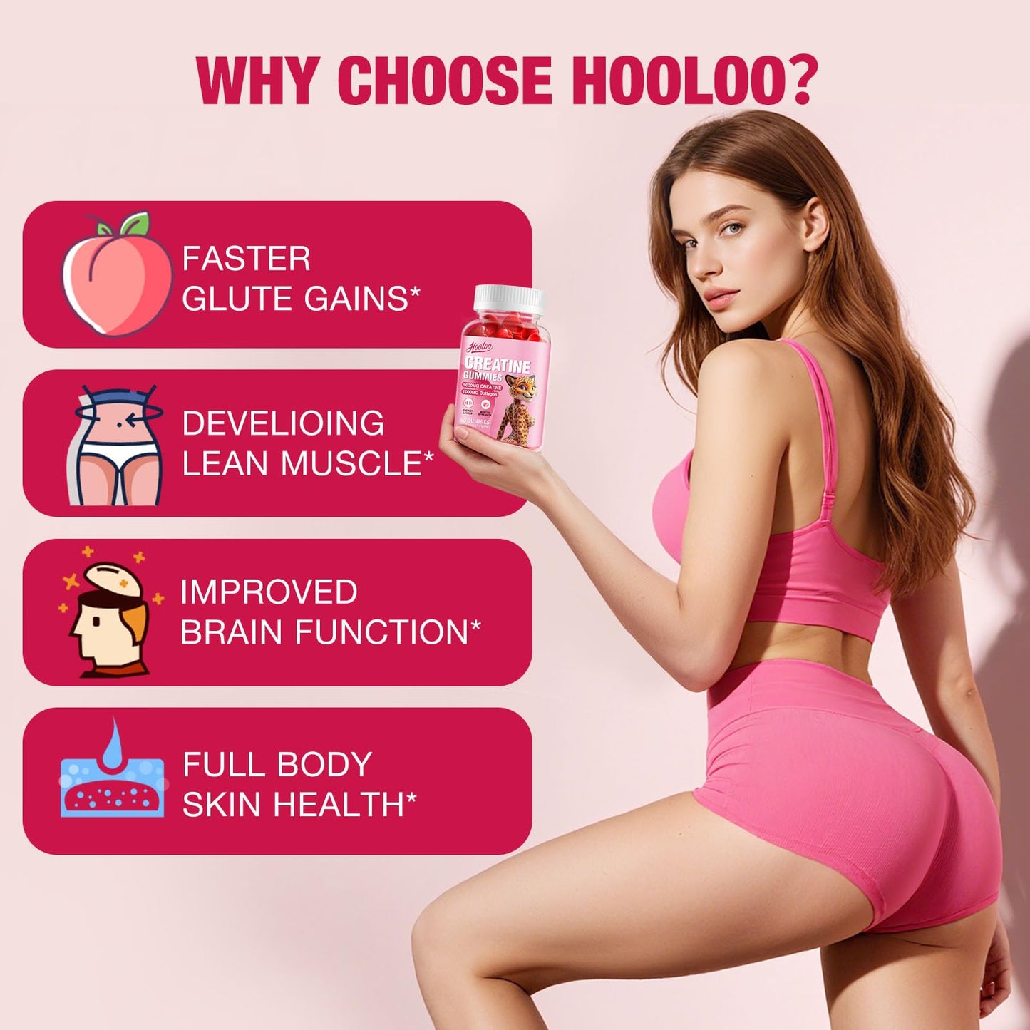 HOOLOO Creatine Gummies 5000mg Creatine Monohydrate with 1000mg Collagen (1 Month Supply) for Men & Women, Vegan & Sugar-Free, Easy Pre/Post Workout Gym Support for Performance and Muscle Power, 60 Count