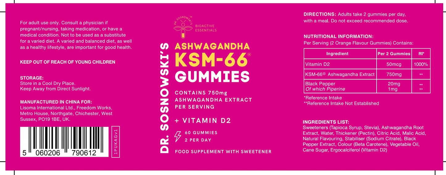 Dr Sosnowski's Dr. Sosnowski's BioActive KSM-66 Ashwagandha Gummies | 750mg Ashwagandha Extract with Vitamin D2 (60 Gummies)