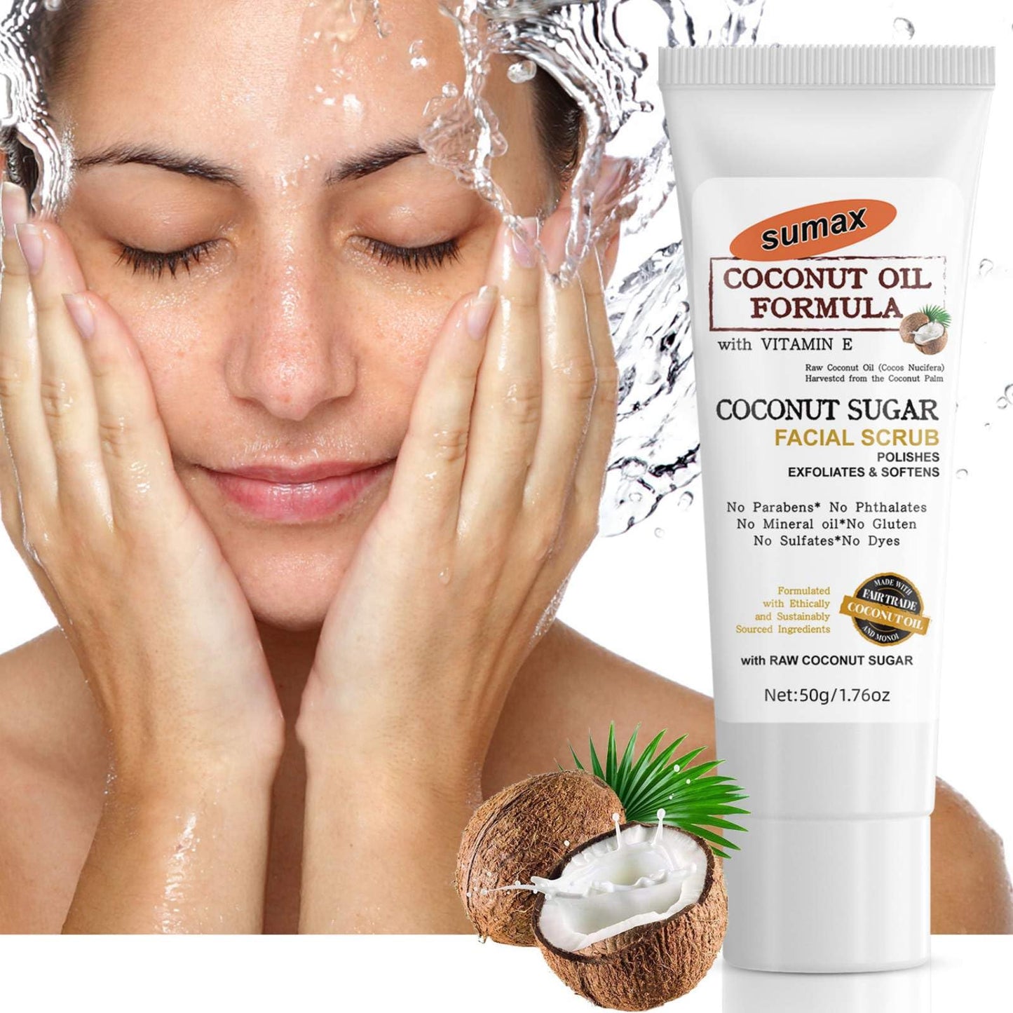 Grospe Coconut Oil Facial Scrub Exfoliator with Natural Essence Coconut Sugar Facial Scrub Gentle Cleansing Moisturising Rejuvenating Glowing Skin Coconut Oil Formula Face Scrub 50g