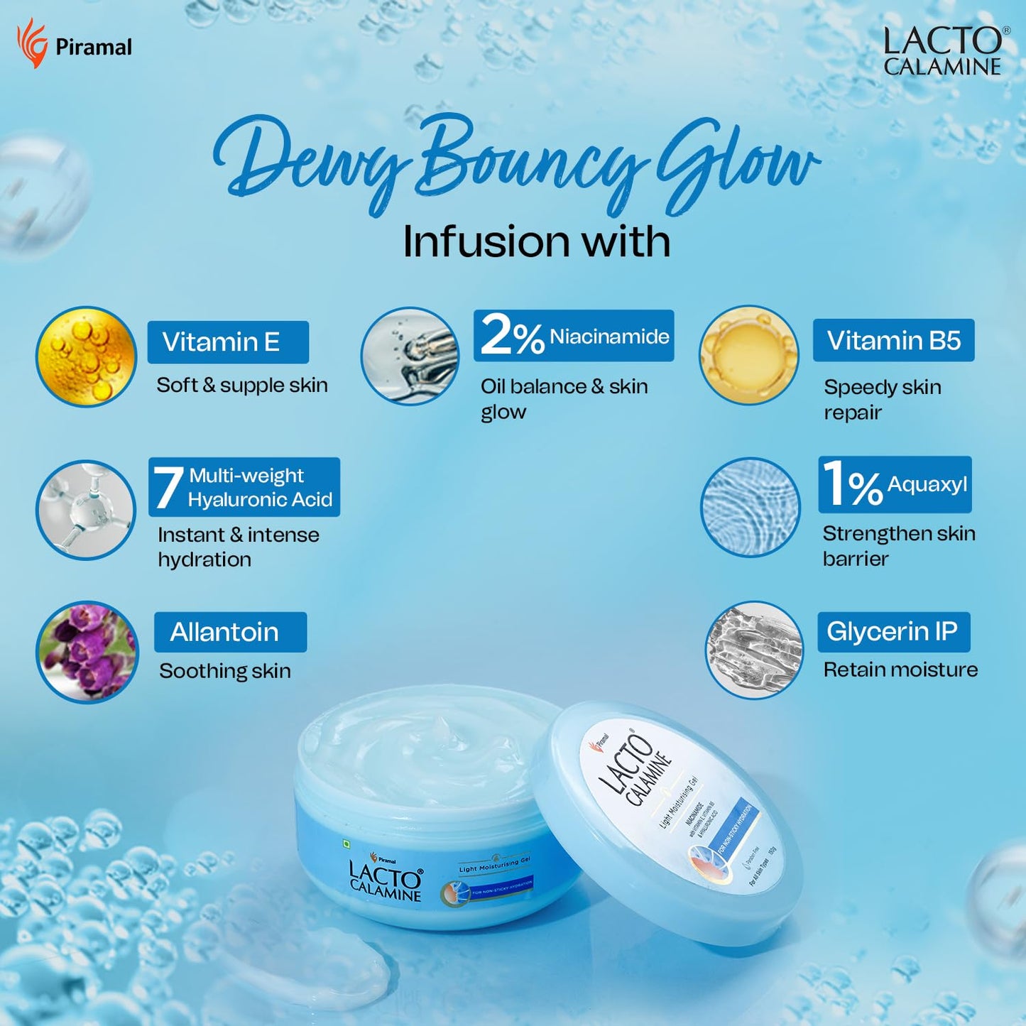 Lacto Calamine Light Moisturising Gel Non-sticky Hydrating Face & Body Gel with Niacinamide, Hyaluronic and vitamin E for non-oily feel & glowing skin 150g