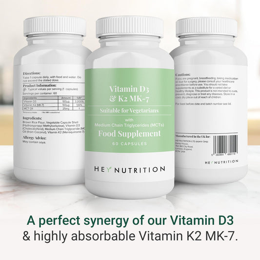 Hey Nutrition Vitamin D3 & K2 MK-7-100ug Each with MCT Oil - Suitable for Vegetarians - Support Healthy Bones, Teeth, Muscles, Immune Function, and Fatigue - Non-GMO, 60 Vegetarian Capsules