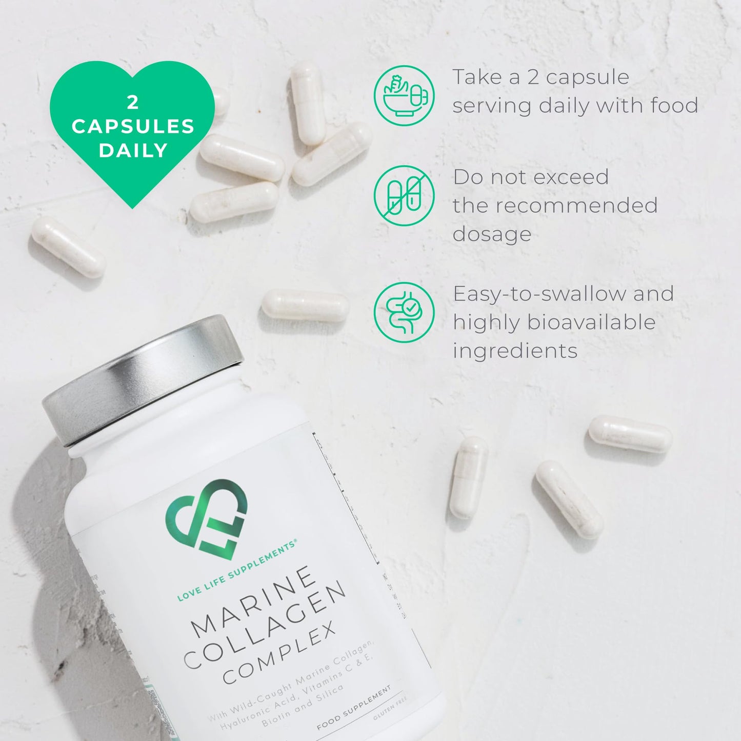 Wild-Caught Marine Collagen Complex Capsules with Hyaluronic Acid | 120 Capsules - 2 Month Supply | Also with Vitamin C, Vitamin E, Bamboo Stem Extract, Biotin | for Skin, Hair, Nails