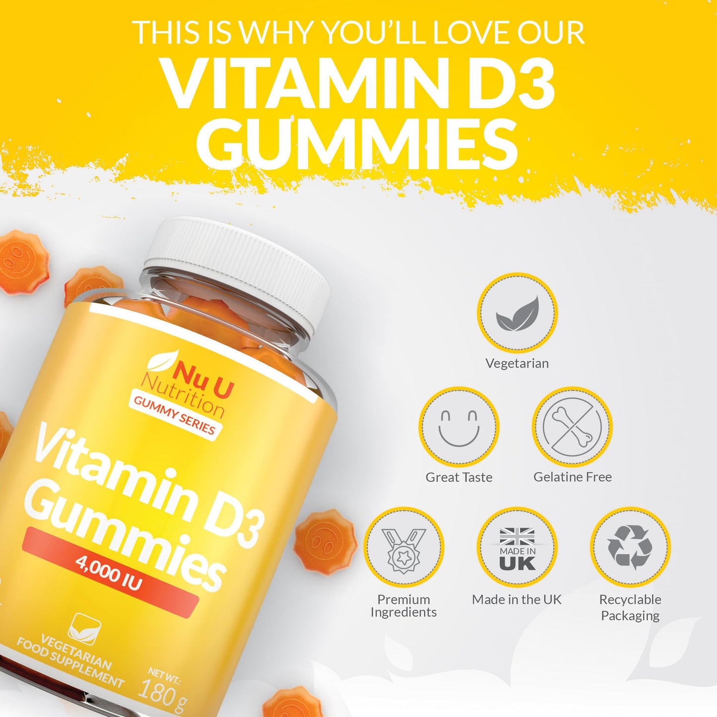 Vitamin D3 Gummies 4000IU Adults - 90 Vegetarian Gummies - Natural Orange Flavour - Chewable VIT D Gummy Supplement - Made in the UK - Nu U Nutrition