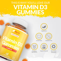 Vitamin D3 Gummies 4000IU Adults - 90 Vegetarian Gummies - Natural Orange Flavour - Chewable VIT D Gummy Supplement - Made in the UK - Nu U Nutrition