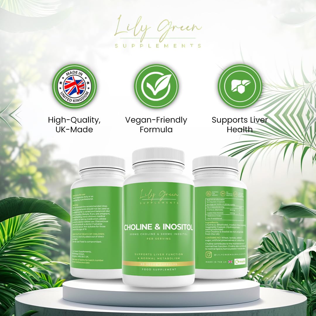 Lily Green Supplements Lily Green Choline & Inositol Capsules | High Strength Choline and Inositol Supplement | 1000mg Per Serving | 90 Vegan Capsules | Made in UK