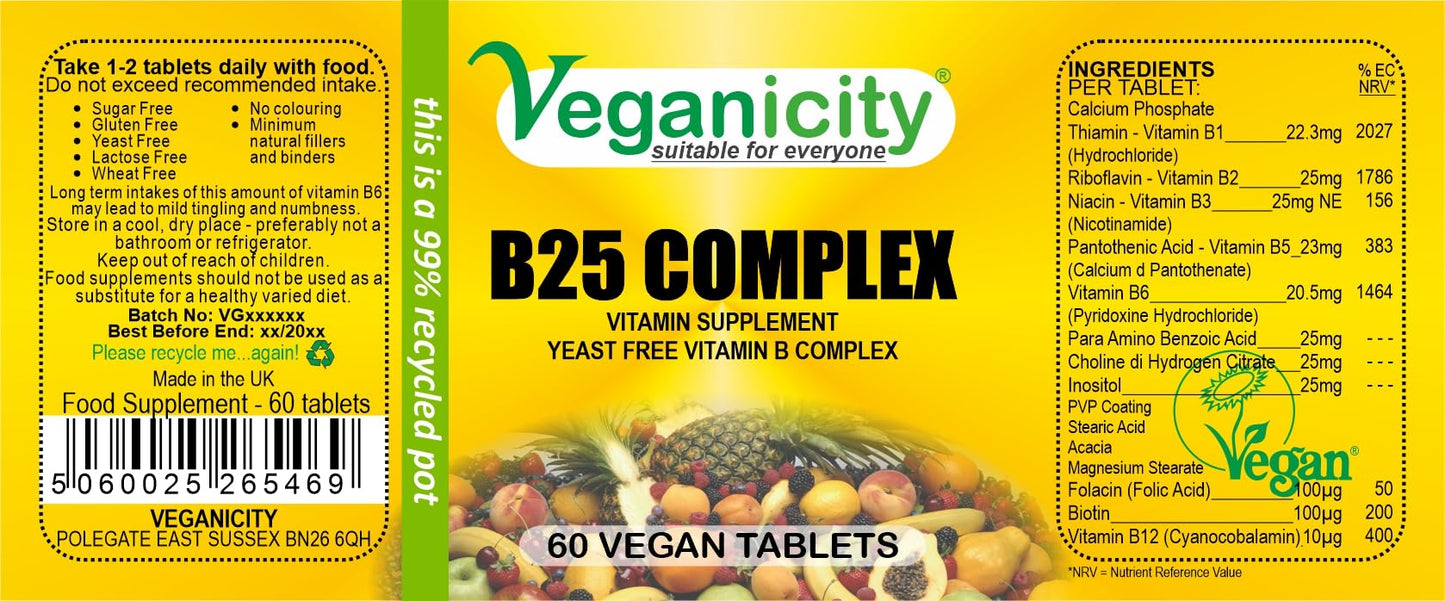 Veganicity B25 Complex : Vitamin B Supplement : 60 Tablets, in a Planet-Friendly 99% reccyled Pot