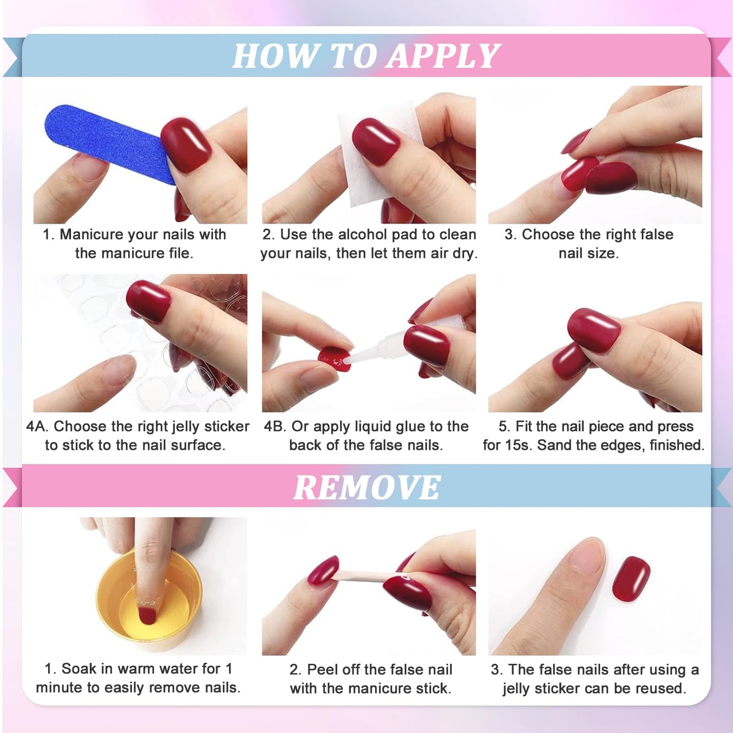 Ceboic Almond False Nails Medium, 24Pcs French Tip Press on Nails Red Ripple Gel Fake Nails 12 Sizes, Natural Glue on Nails Full Cover Acrylic Oval Stick on Nails for Women and Girls