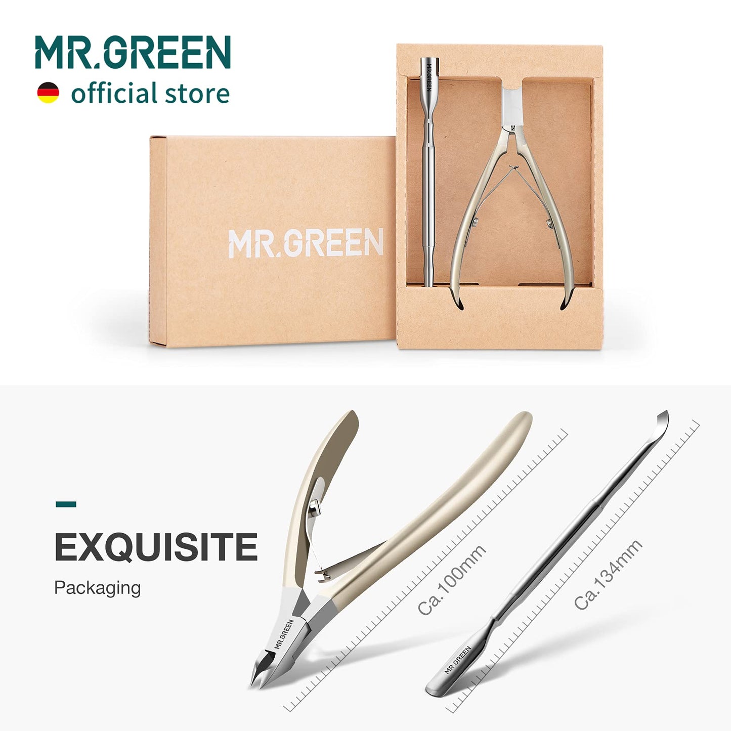 MR.GREEN Cuticle Scissors, Stainless Steel Sharp Cuticle Nippers with Pusher for Salon and Home Manicure & Pedicure Set (Nickel Pearl + Pusher)
