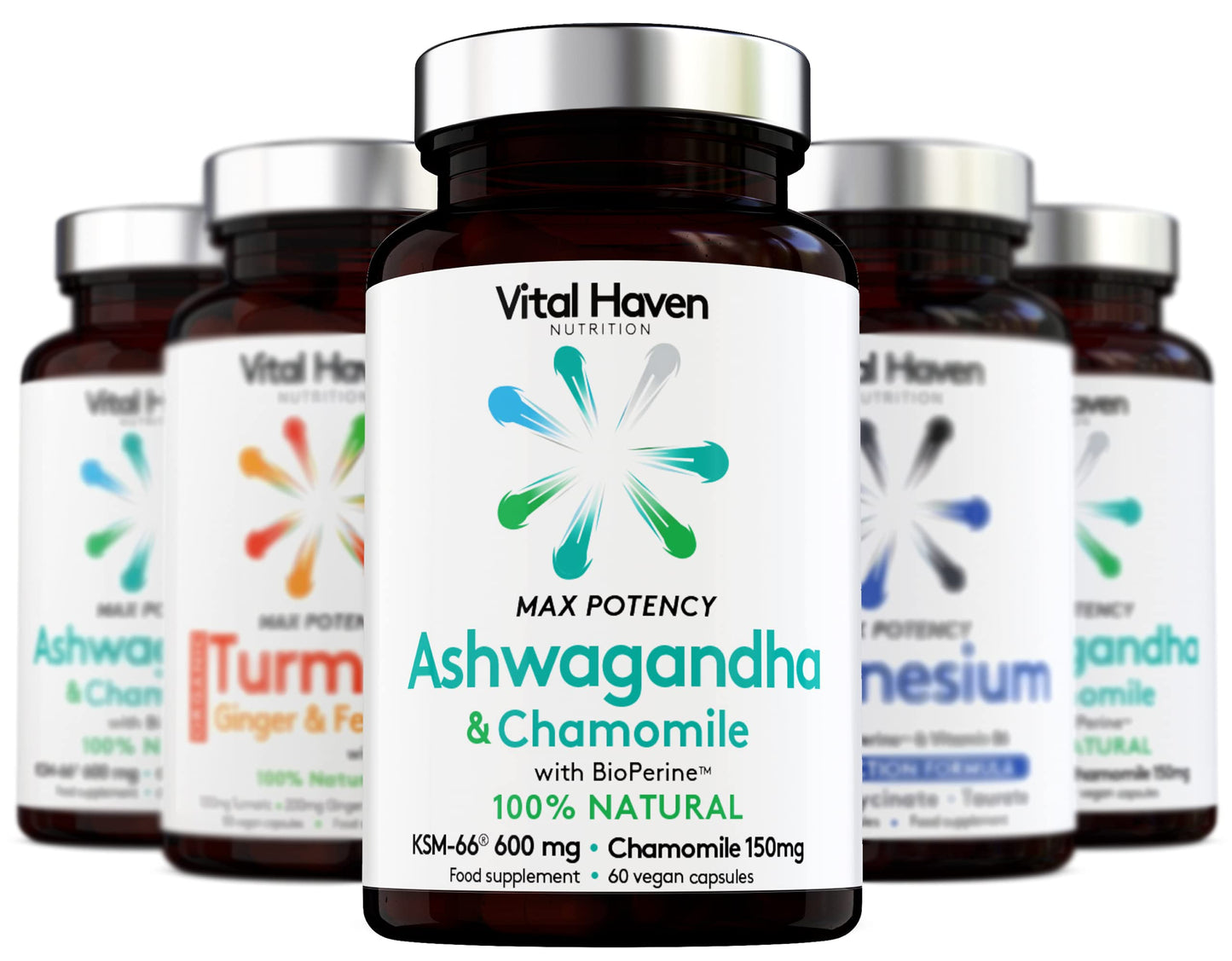 Vital Haven 100% Natural - Ashwagandha KSM-66 (600mg) + Chamomile (150mg) with Bioperine for Maximum Absorption - Premium Ingredients - Vegan Supplement - Ayurveda Indian Ginseng - Made in The UK