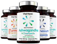 Vital Haven 100% Natural - Ashwagandha KSM-66 (600mg) + Chamomile (150mg) with Bioperine for Maximum Absorption - Premium Ingredients - Vegan Supplement - Ayurveda Indian Ginseng - Made in The UK