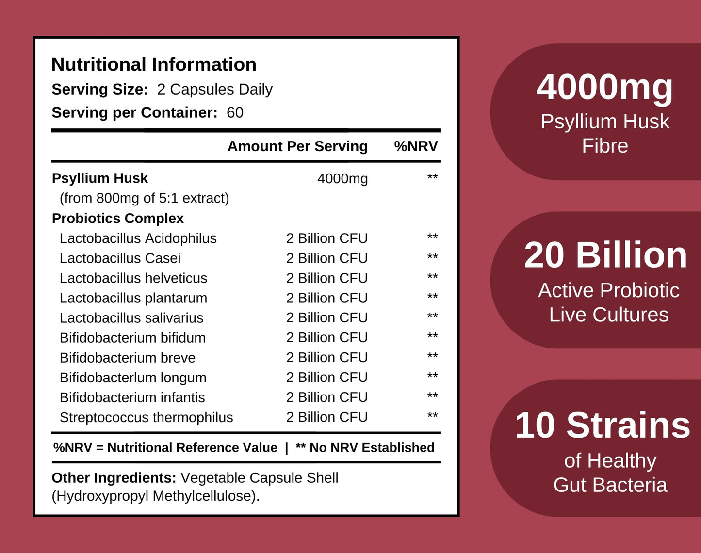 Powerful 4000mg Psyllium Husk Fibre with Probiotics – 20 Billion CFU with 10 Strains – Natural Easy to Absorb Fibre from Plantago Ovata Seeds - 120 Capsules to Promote Regularity & Digestive Health