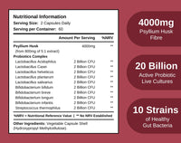 Powerful 4000mg Psyllium Husk Fibre with Probiotics – 20 Billion CFU with 10 Strains – Natural Easy to Absorb Fibre from Plantago Ovata Seeds - 120 Capsules to Promote Regularity & Digestive Health