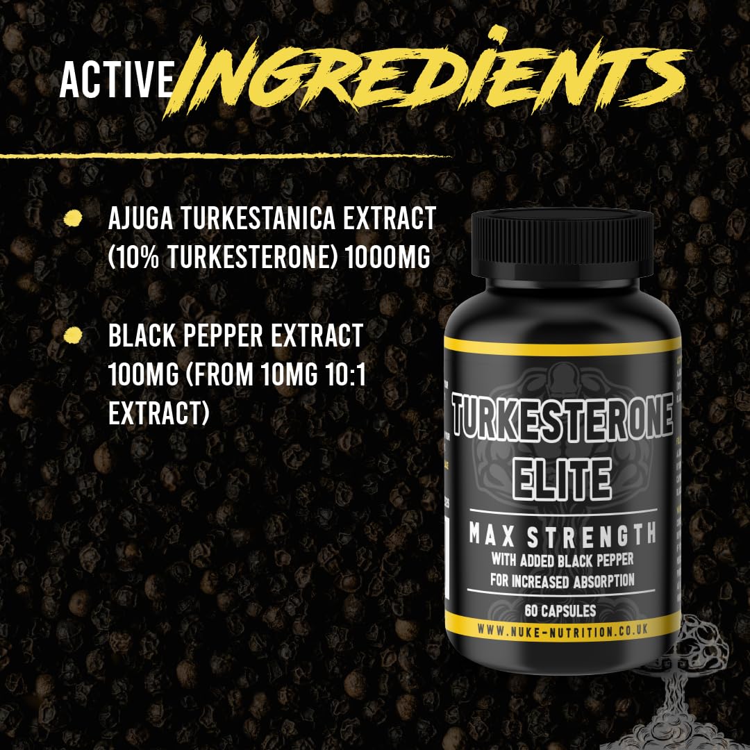 Nuke Nutrition Turkesterone 60 Capsules - Pure Ajuga Turkestanica Extract with Black Pepper for Faster Absorption – Boost Performance, Recovery & Strength - No Fillers, Batch Tested for Quality