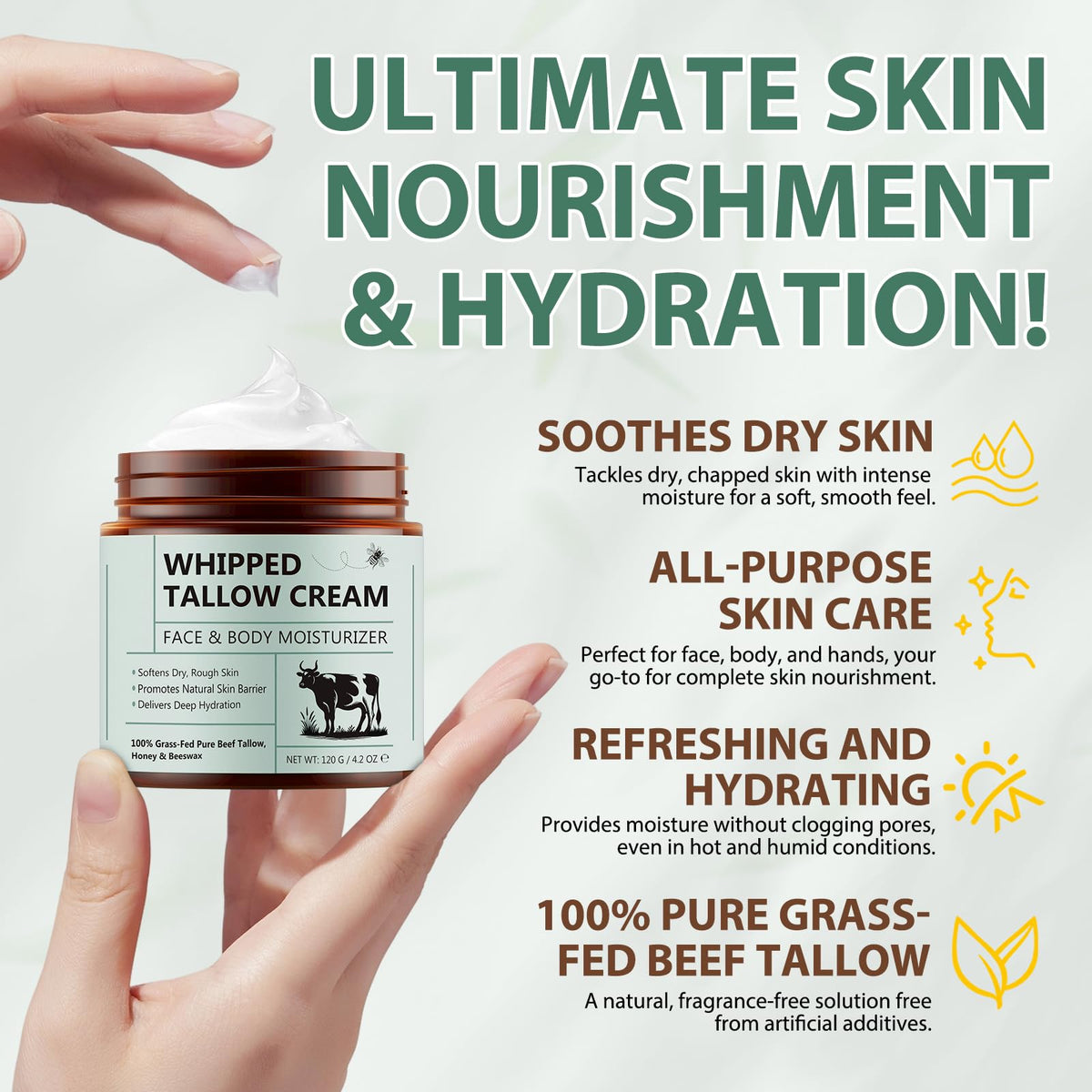 WLCTJIAYOU Beef Tallow for Skin (4.2oz) - Tallow Face Cream - 100% Grass-Fed Beef Tallow, Honey & Beeswax, Deep Hydration for Dry & Aging Skin, Natural Skin Barrier, Nourishing Moisturizer (120g)