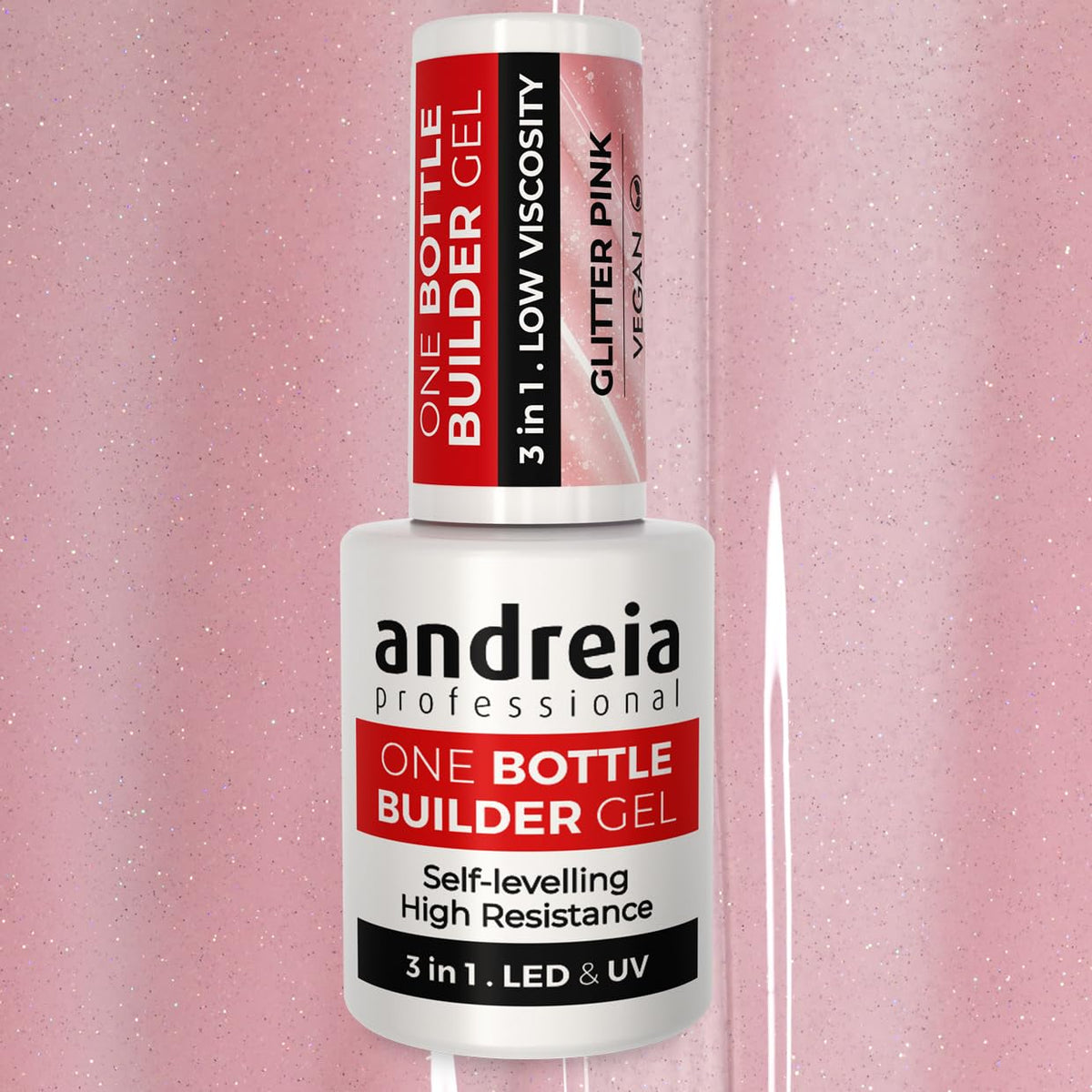Andreia Professional Gel Builder Nail Construction - Triphasic 3 in 1 Low Viscosity - LED & UV Builder Gel in a Bottle - Nail Extension - Self Levelling High Resistance - Colour Glitter Pink 14ml
