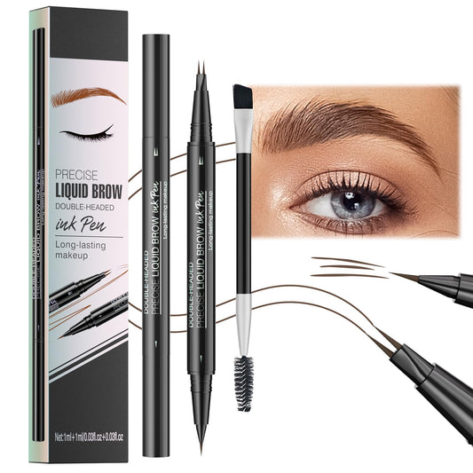 FresFresi 2-in-1 Dual-Ended Microblading Eyebrow Pen - Waterproof with Micro-Fork-Tip & Precise Brush-Tip - Long-lasting Brow Pencil for Natural Looking Brows in Brown Shade (Brown)