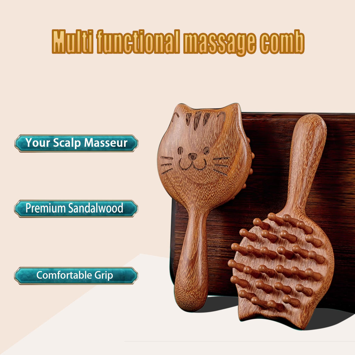 FTA&ATF Wooden massage comb, Sandalwood Massage Gua Sha Comb,wide teeth, smooth, A handheld massage comb in the shape of a kitten