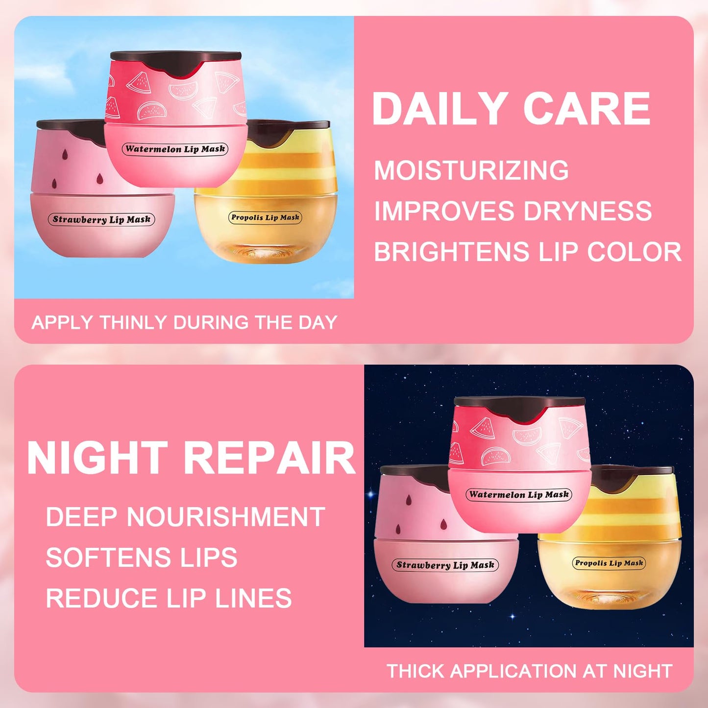 Anmahe 3Pcs Bee Lip Balm Honey Pot with Stick, Lip Mask Day And Night Repair and Care, Moisturizing Lip Sleeping Cream, Silky Hydrate Repair Prevent Dry Cracked Lip Exfoliator(Honey+Strawberry+Watermelon)