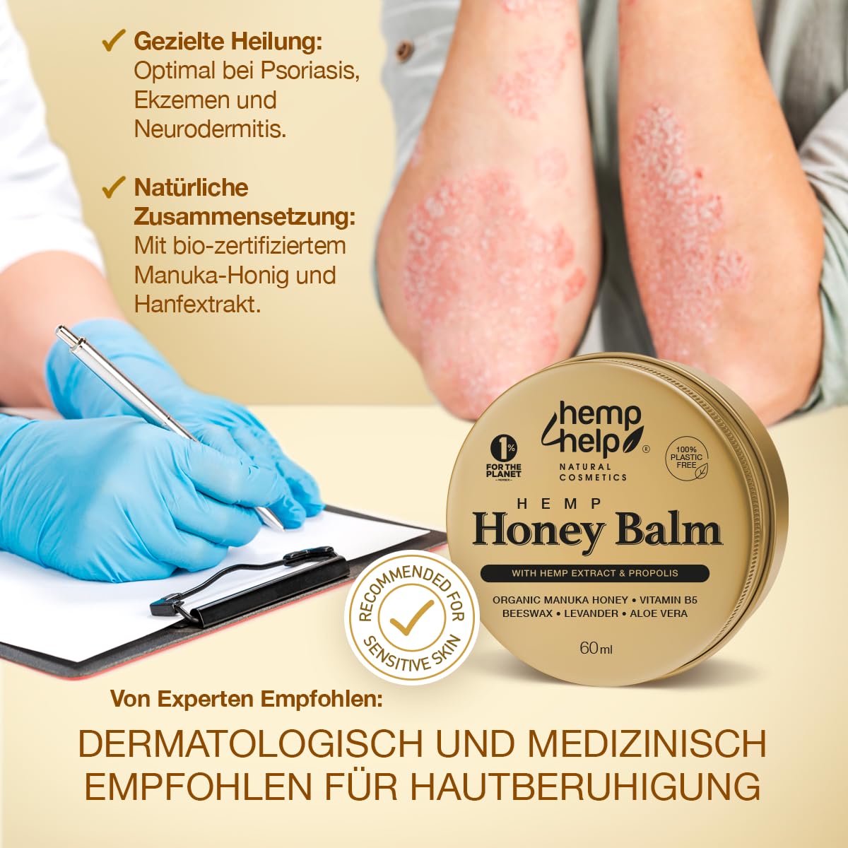 Hemp Help HEMP COSMETIC Vaseline-Infused Manuka Honey & Hemp Balm – Soothes Dry, Cracked Skin, Eczema, Psoriasis – Dermatologist-Recommended, Eco-Friendly, Plastic-Free Packaging, Cruelty Free - 60ml