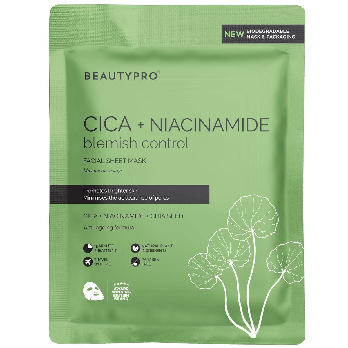 BeautyPro BEAUTYPRO CICA NIACINAMIDE BLEMISH CONTROL Anto-Ageing Face Sheet Mask Oil Control Redness & Pores Hydrating Bamboo Vegan K-Beauty Plant Based 100% Biodegradable Skincare Multi Award Winning Brand