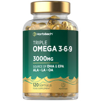 Horbäach Triple Omega 3 6 9 Capsules 3000mg ALA, LA & OA | 120 Softgels | High Strength EPA & DHA Essential Fatty Acids | Supplement with Fish Oil, Flaxseed & Sunflower Oil | by Horbaach