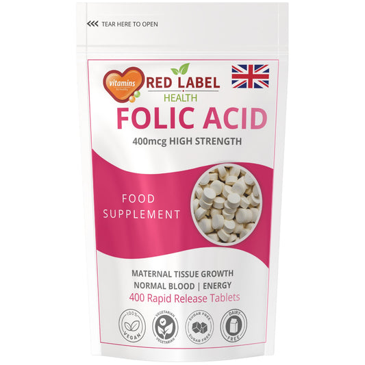 Red Label Health Folic Acid 400 mcg Tablets, 365 Vitamin B9 Tablets (1 Year Supply), Folate Fertility Supplement for Women, Vegan, Vegetarian, Supports Maternal Tissue Growth, Made in The UK