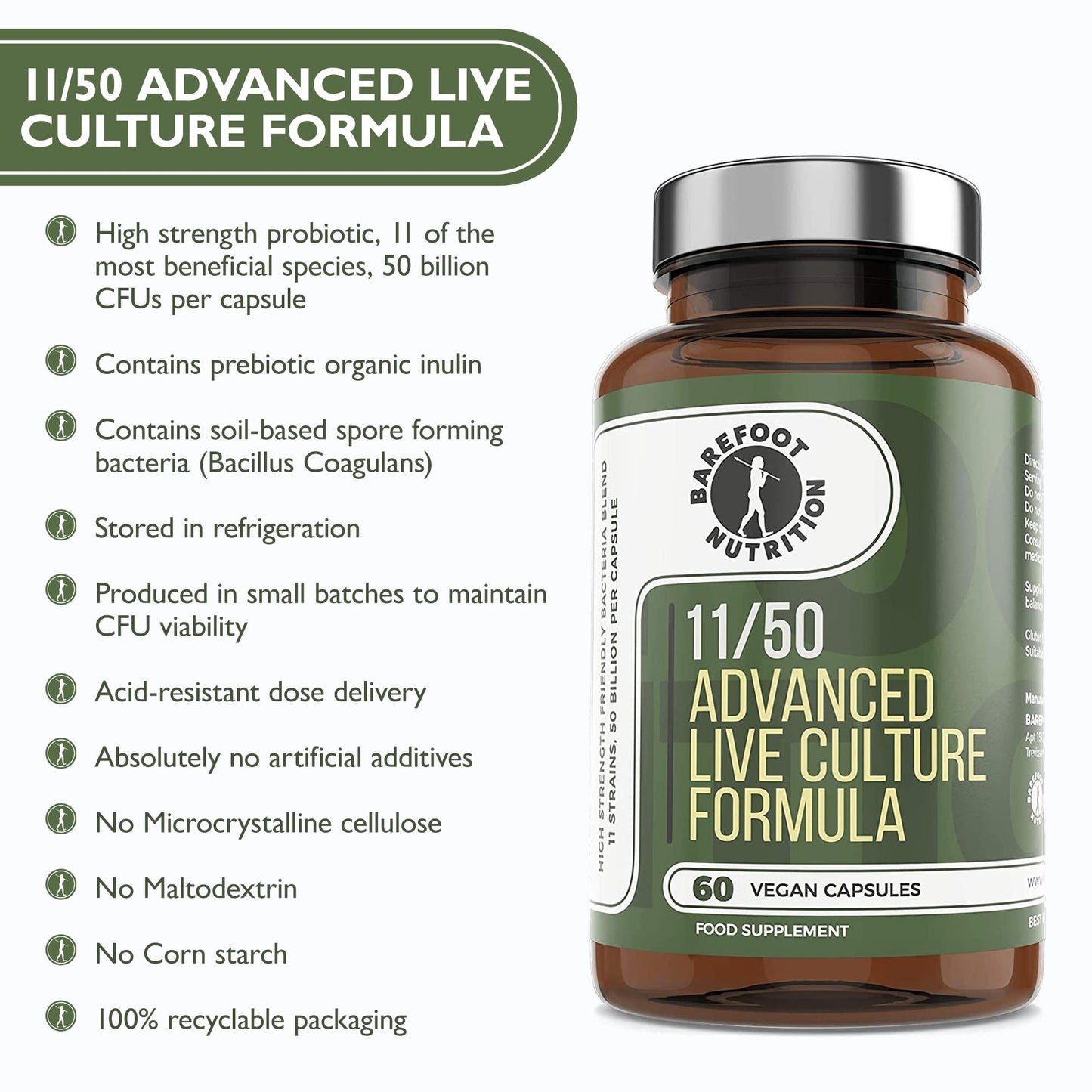 Barefoot Nutrition - Advanced Live Culture Formula, With 11 Key Strains at 50 Billion CFU per Capsule, High Strength Probiotic Supplement, Supports Gut Health, 60 Vegan Capsules