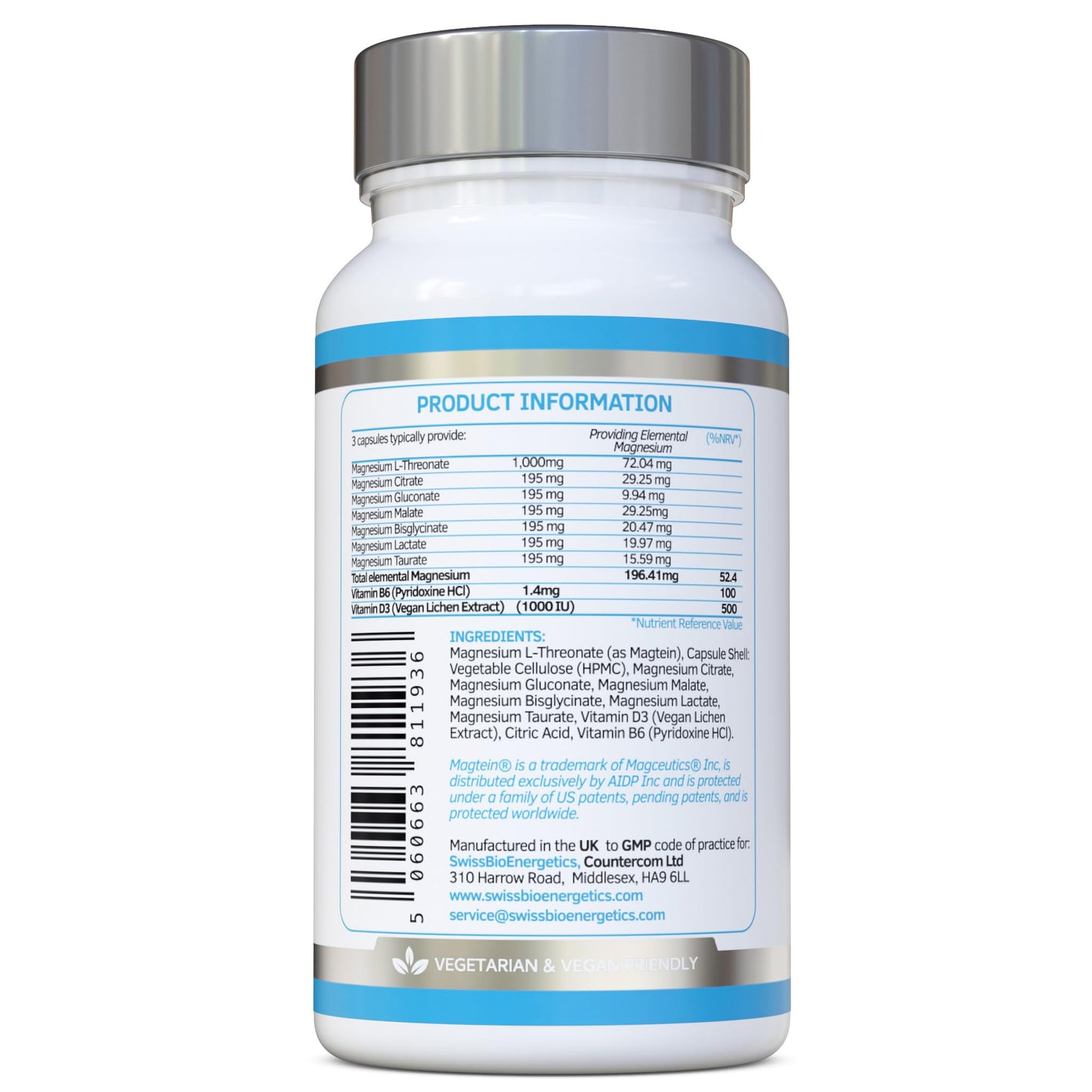 swiss bioenergetics Magnesium L-Threonate Complex 7-in-1 with 1000mg of Magtein Plus Magnesium as Bisglycinate, Taurate, Citrate, Gluconate, Malate & Lactate - Supports Sleep - Vegan, UK Made and No Artificial Nasties