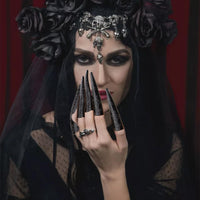 NICENEEDED 20 Pcs Long Finger Claws Fake Nail Rings, Black Fingernail Rings Claw, Knuckle Protectors Fingertip Extension Halloween Vampire Nails for Cosplay Drama Belly Dance Show