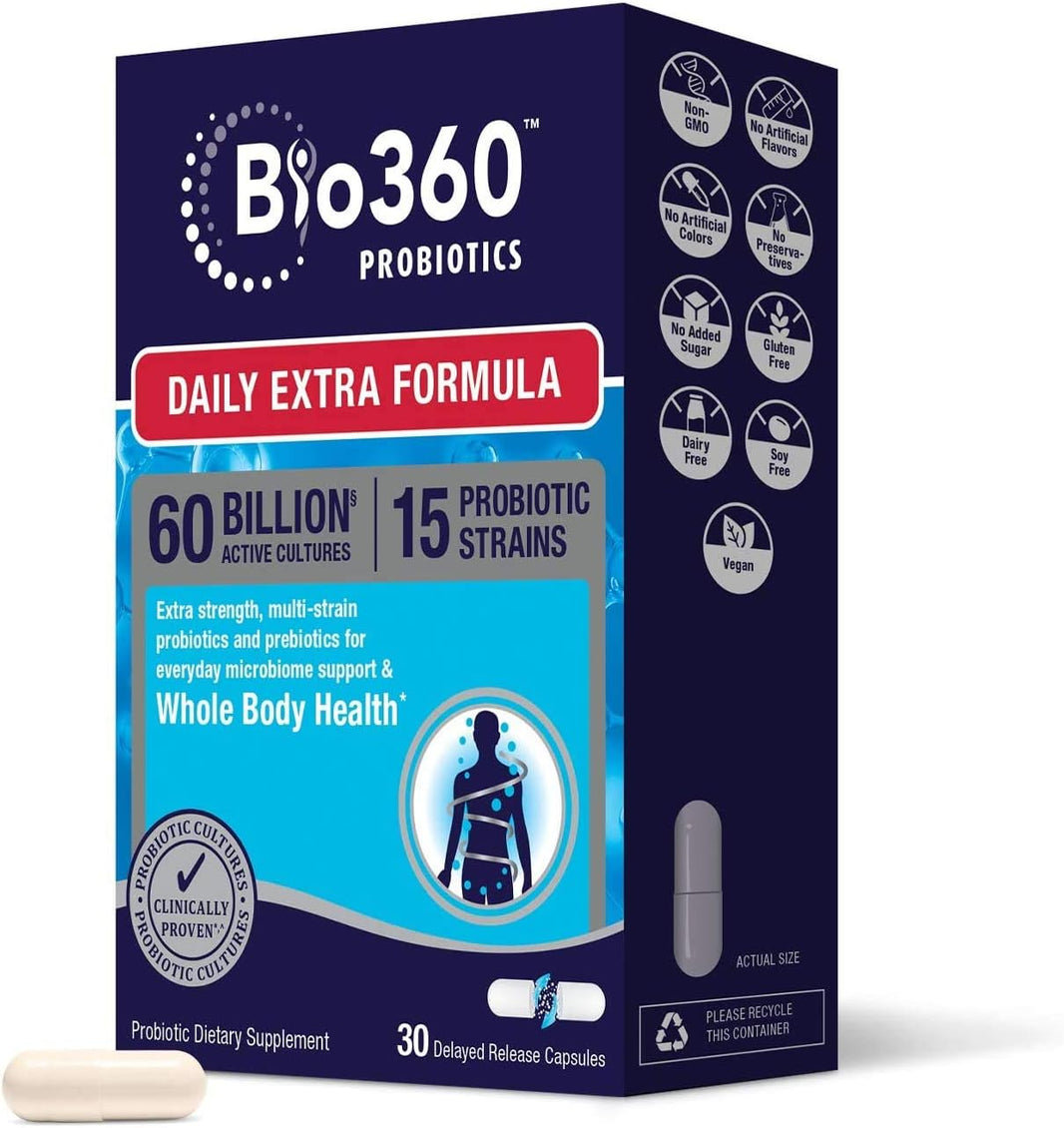 Bio360 Probiotic Daily Extra Formula, Vegan Prebiotics and Probiotics for Women & Men 60 Billion CFU 15 Strain, May Support Occasional Constipation, Diarrhea, Gas & Bloating, 30 Supplements
