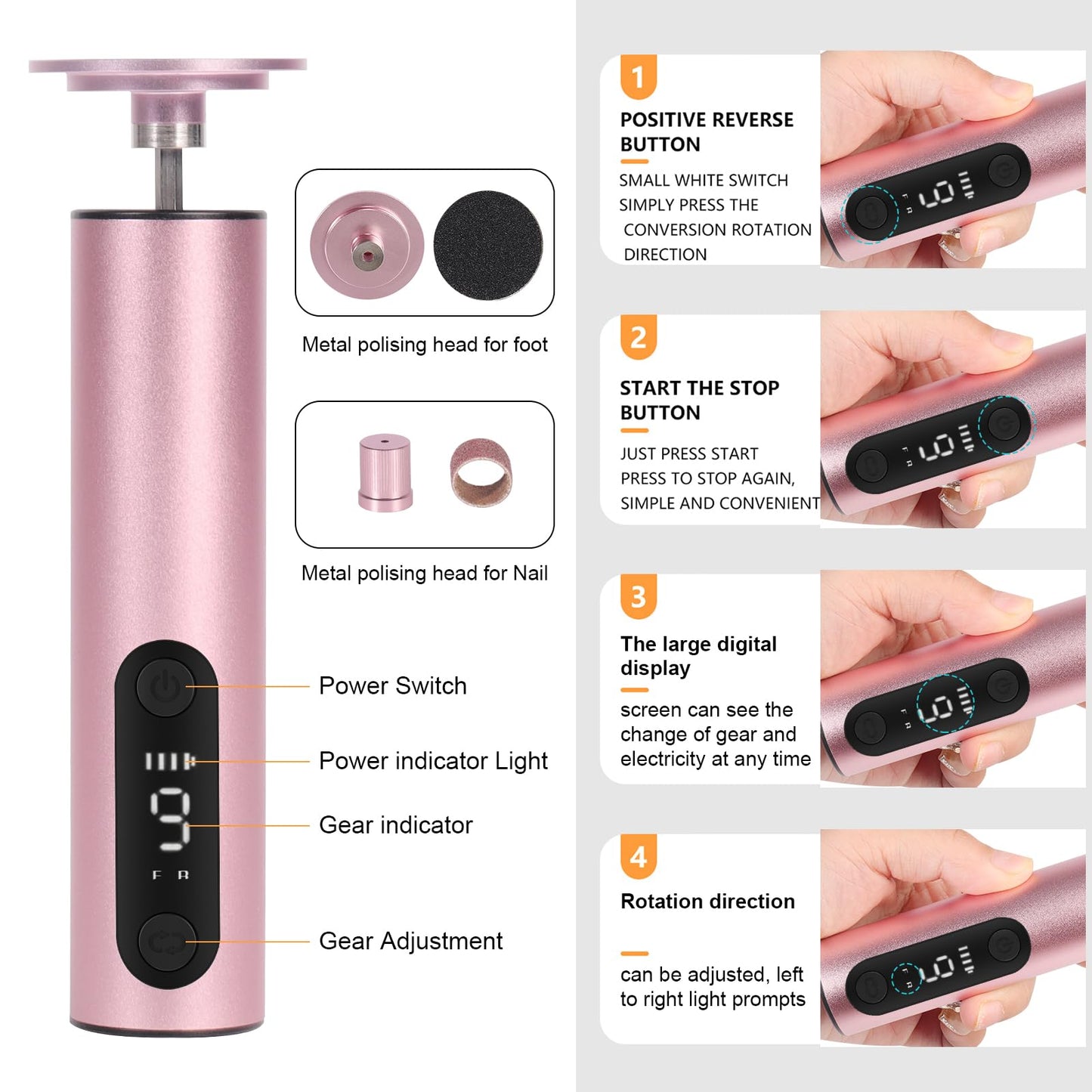 jianyana Jianyana 2 in 1 Electric Foot File, 9-Speed Pedicure Sets for Feet Electric Foot File with Digital Display Hard Skin Remover for Dry Dead Hard Skin Feet Callus Remover (Rose Gold)
