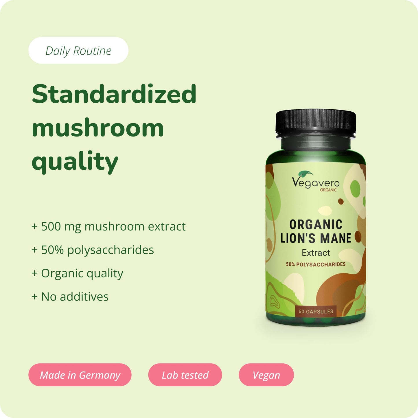 Vegavero Organic Lions Mane 10,000 mg | NO Additives | 20:1 High Strength Mushroom Extract (Not Powder) | 50% Polysaccharides | Focus Supplement | Vegan