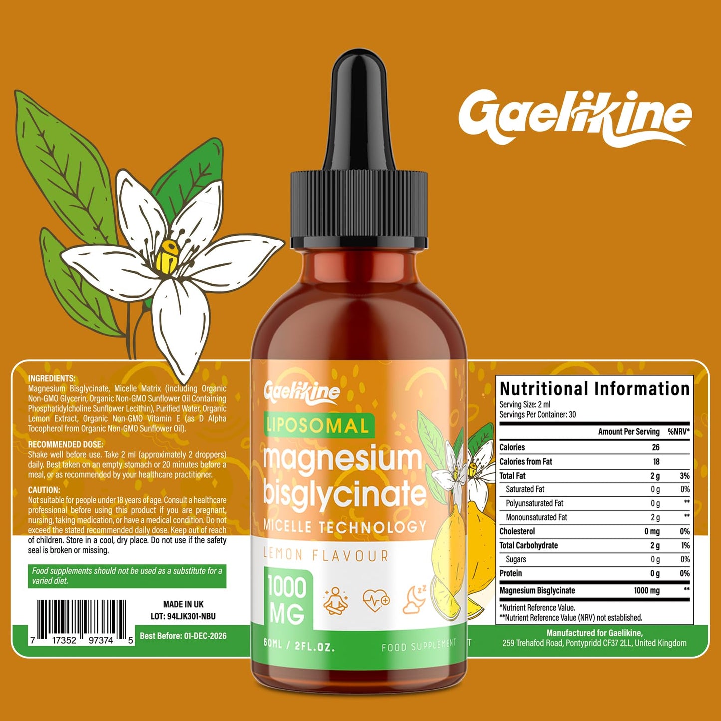 Gaelikine Magnesium Bisglycinate Drops 1000mg – High Absorption Liquid Magnesium Glycinate with Liposomal Micelle Technology, Gentle & Stomach-Friendly Formula, Lemon Flavour, Vegan, 120ml