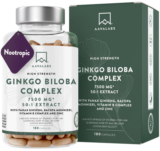 Ginkgo Biloba High Strength -7500mg (50:1 Extract) + Bacopa Monnieri, Ginseng and Ginkgo Biloba Herbal Supplements + VIT B6, B1, B2, & Zinc -180 Nootropic Ginkgo Biloba Capsules - Packed w/Flavonoids