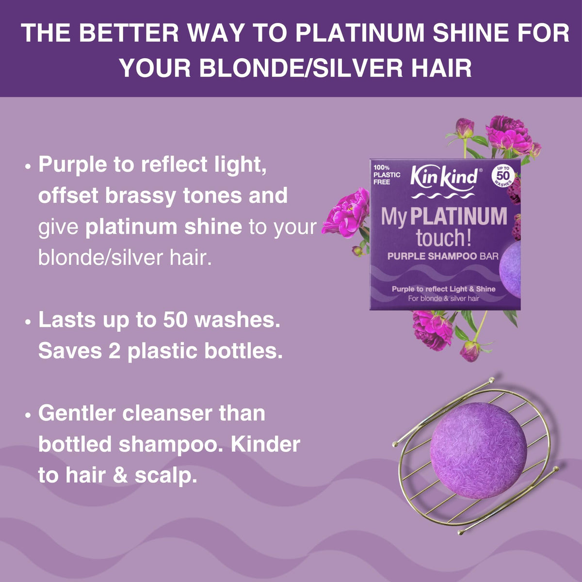 KinKind Purple Shampoo Bar - My PLATINUM Touch! Solid Shampoo Bar for Blonde, Silver & White Hair | Natural Shampoo Bar, Travel Shampoo Bars for Hair UK | Up to 50 Washes - Vegan