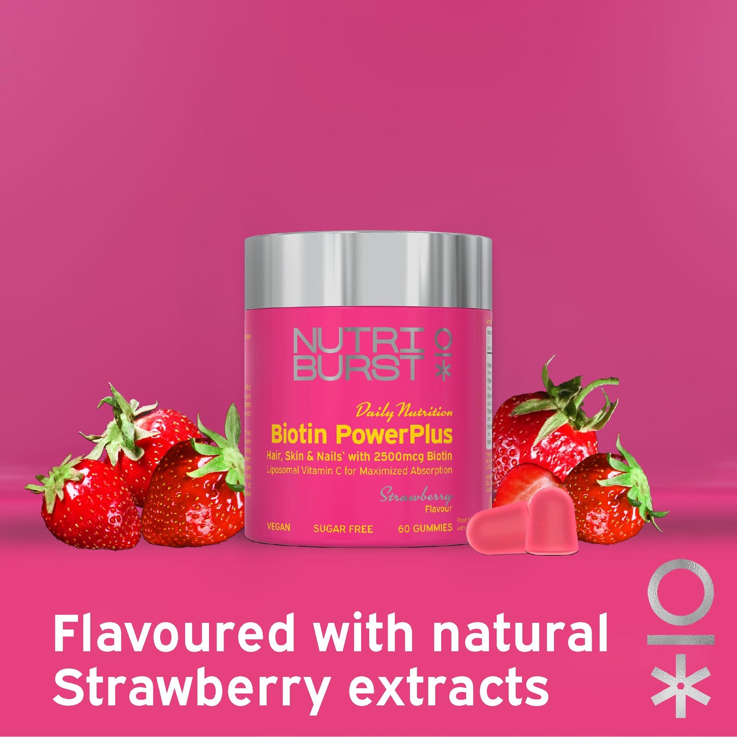 Nutriburst Biotin Power Plus - Biotin (2500mcg) + Liposomal Vitamin C for Healthy Hair & Glowing Skin - Strawberry Flavour - 60 Gummies 1 Month Supply - Suitable for Vegans