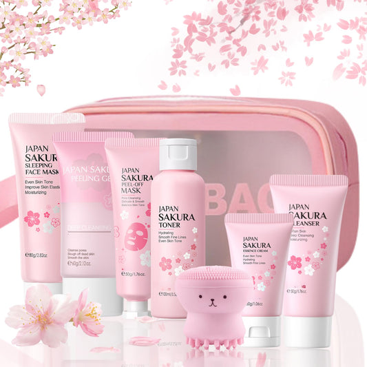 Skin Care Sets & Kits - Skincare for Teenage Girls Gift Set - Face Care For Pores,Exfoliate,Sakura Travel Kit - Mask,Peel Mask,Toner,Gel,Cleanser,Cream,Facial Cleansing Brush,Bag（8pcs）