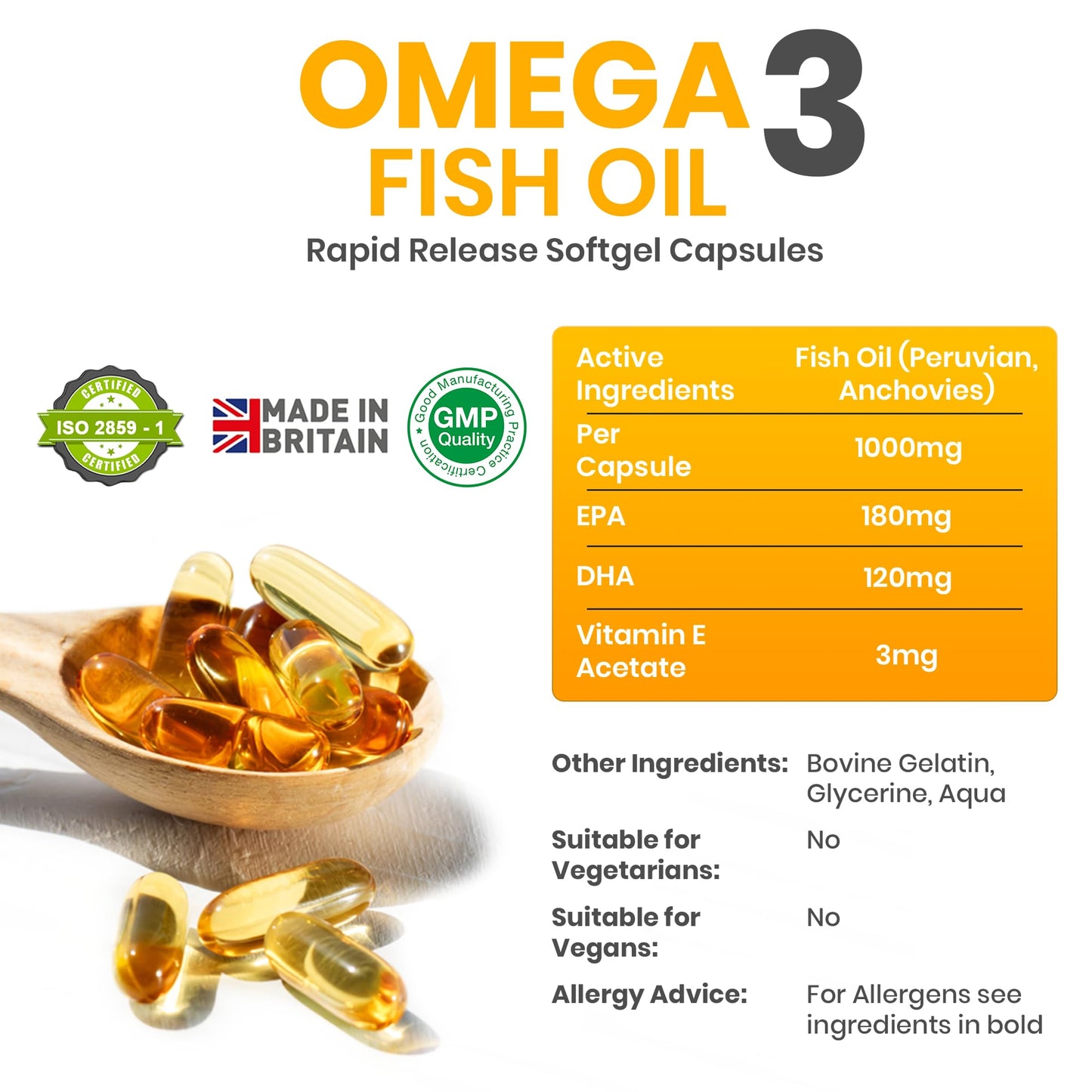 Red Label Health Omega 3 Fish Oil 1000mg, Pack of 90 Soft Gel Capsules (3 Months Supply), Double Strength 180mg EPA and 120mg DHA, Supports Eye, Heart & Brain Health for Men & Women - UK Made