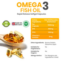 Red Label Health Omega 3 Fish Oil 1000mg, Pack of 90 Soft Gel Capsules (3 Months Supply), Double Strength 180mg EPA and 120mg DHA, Supports Eye, Heart & Brain Health for Men & Women - UK Made