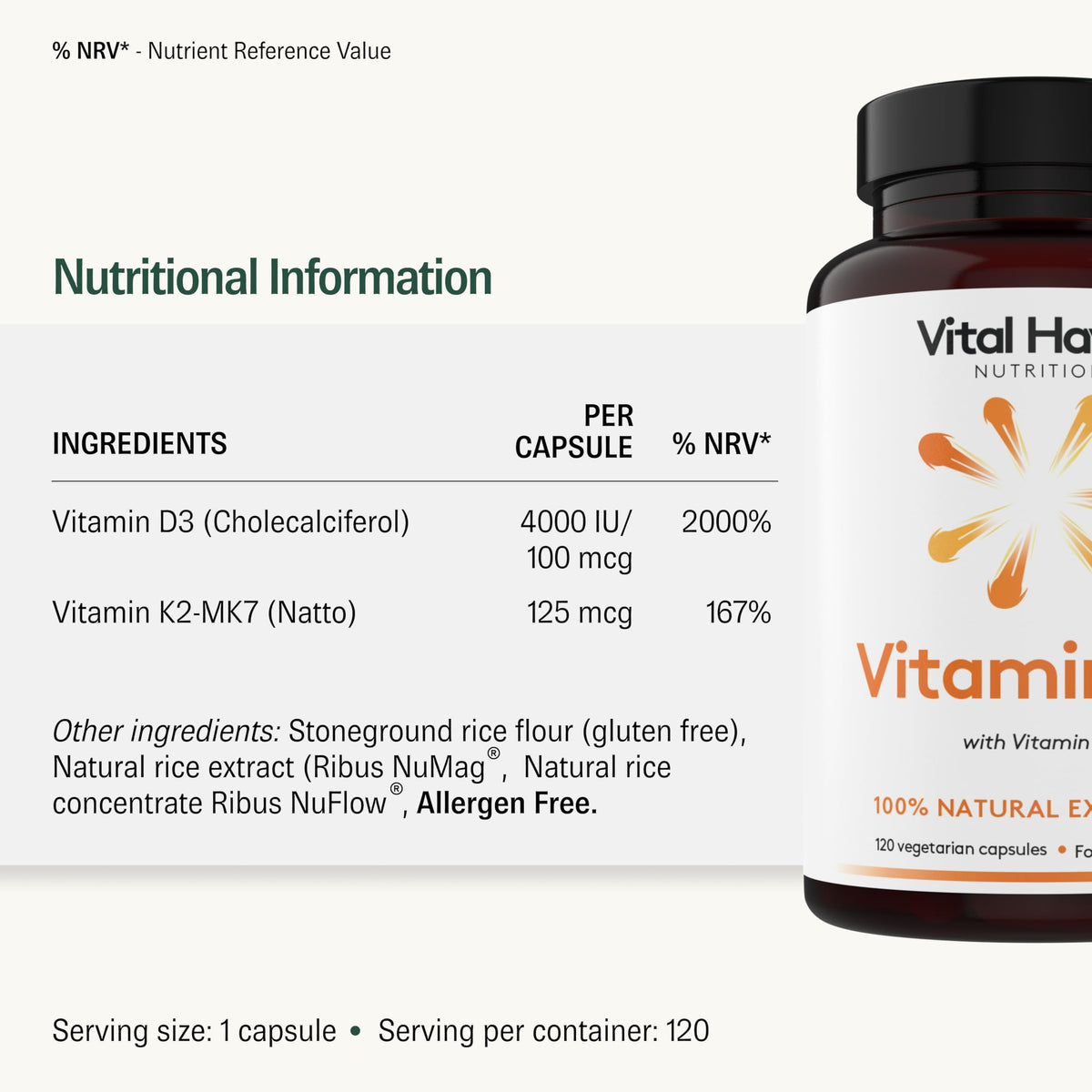 Vital Haven Vitamin D & K Supplement - D3 (4000 IU) + K2 MK7 (125mcg) - Stronger Bones and Immune System - UK Made