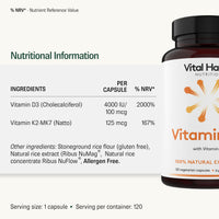 Vital Haven Vitamin D & K Supplement - D3 (4000 IU) + K2 MK7 (125mcg) - Stronger Bones and Immune System - UK Made